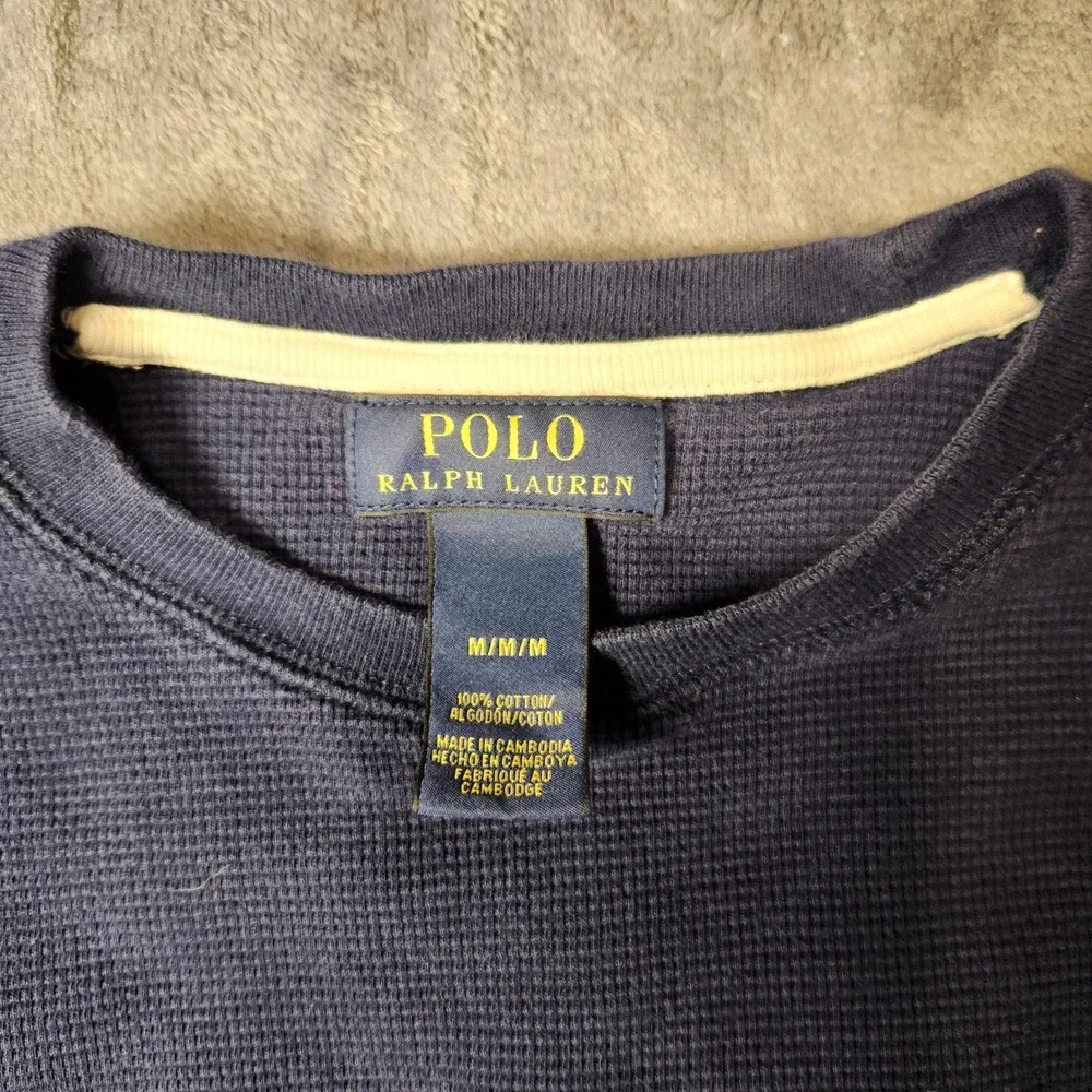Polo Ralph Lauren Mens Navy Blue Waffle Knit Thermal Long Sleeve Shirt Medium